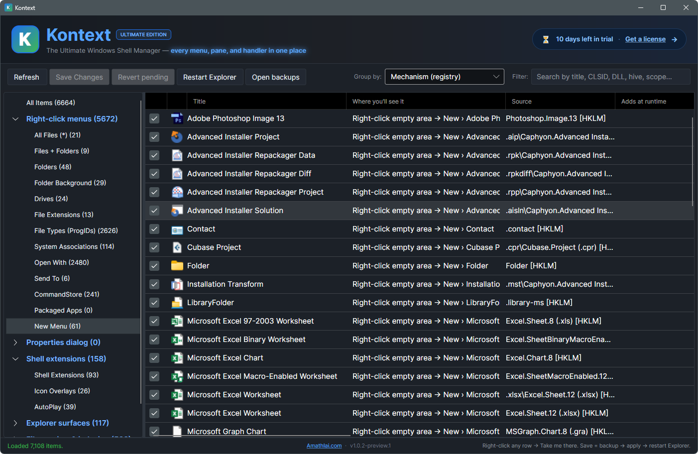 Windows Kontext interface — list of shell items grouped by category, with filter bar and Save/Revert controls